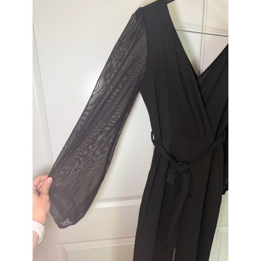 Moa Moa Black Wrap V-Neck Jumpsuit with Sheer Mesh Long Sleeves Large - Picture 4 of 5